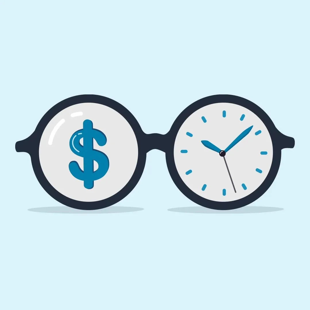 Light blue background, illustration of large eyeglasses that feature a dollar sign in the left lens and a clock face in the right lens. Colors of blue and white. 