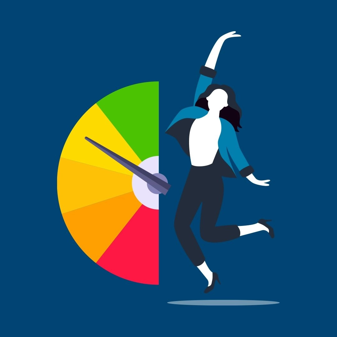 Dark blue background with an illustrated woman jumping next to a colorful gage symbolizing credit scoring. 