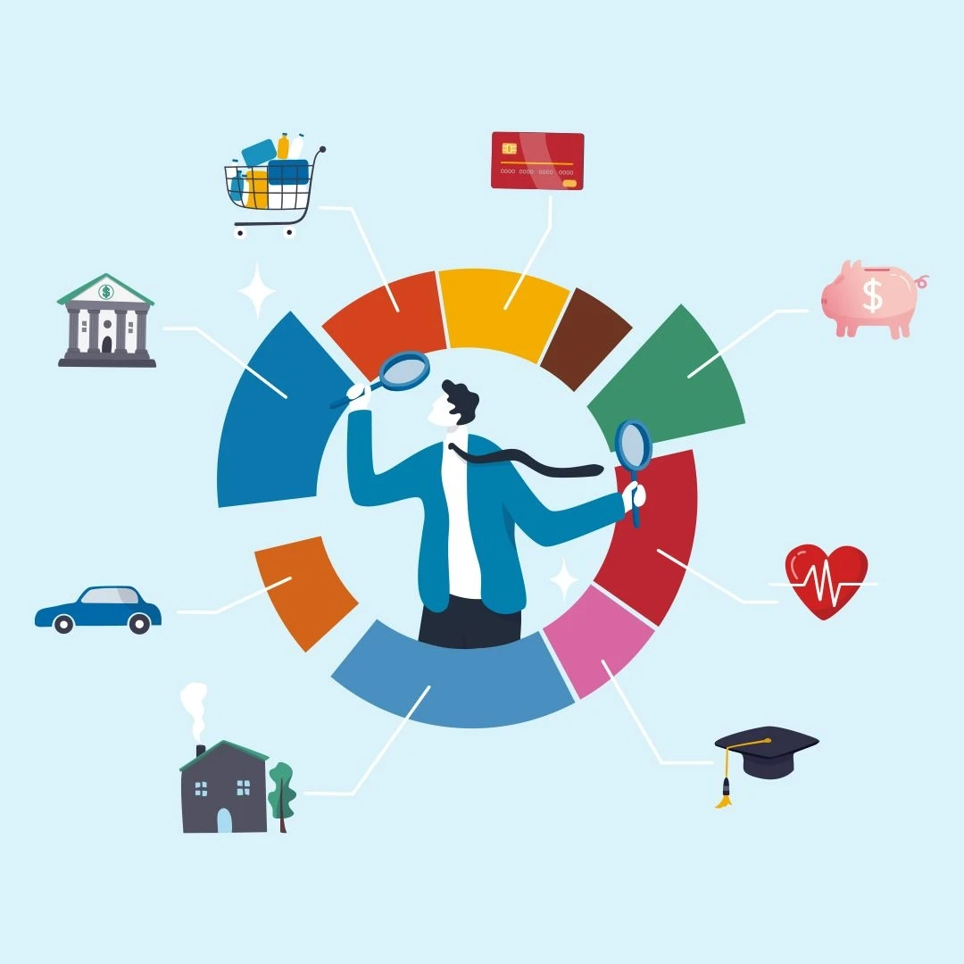 Colors of blue, red, orange, pink, green and white illustrate a man with two magnifying glasses within a colorful circle that represents different financial responsibilities like, savings, groceries, school, and healthcare.
