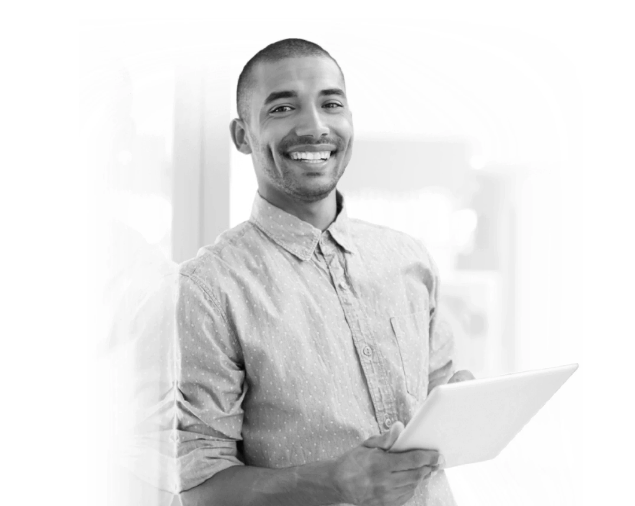 happy guy holding tablet